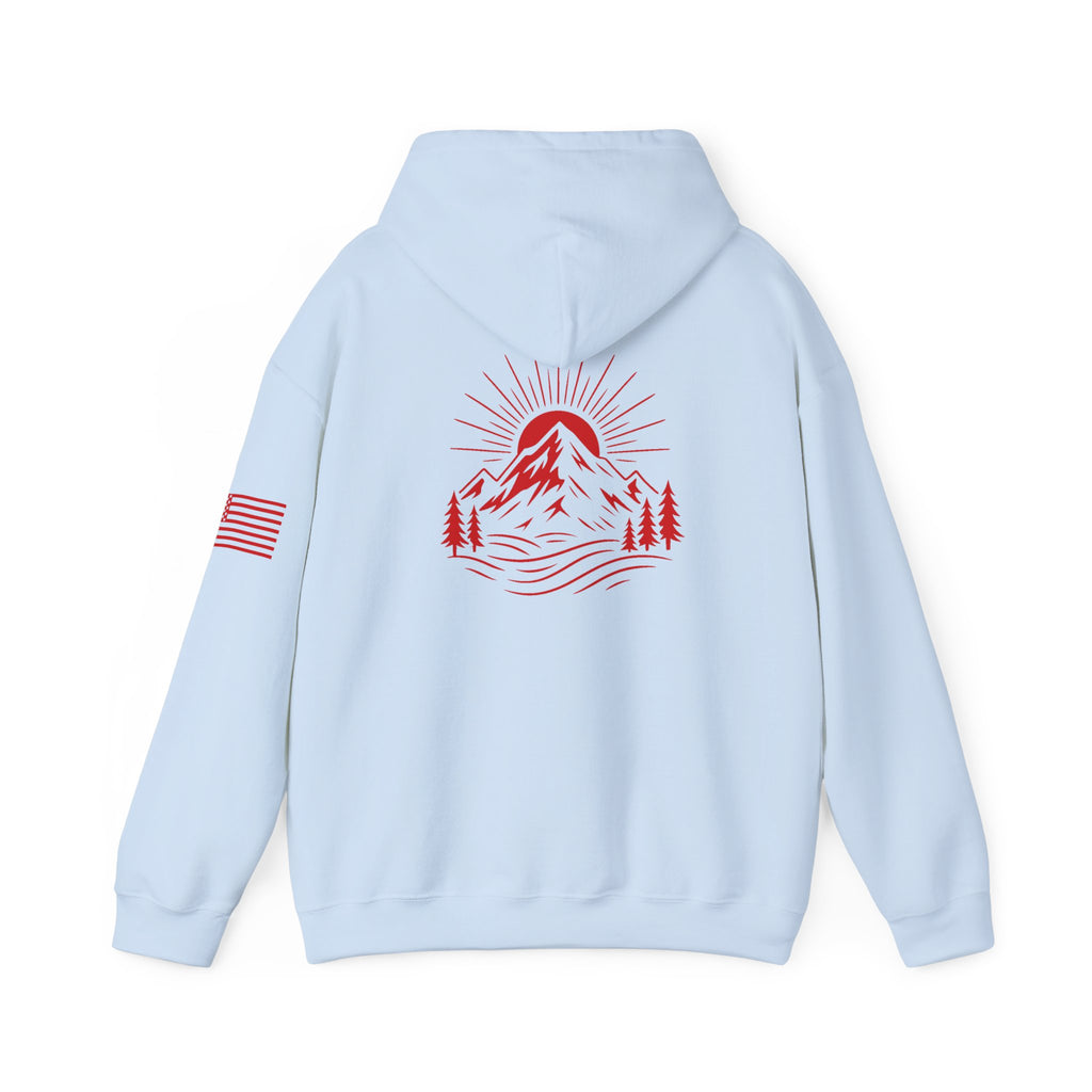 ELEV8 PEAK MOUNTAIN DESIGN HOODIE RED LOGO
