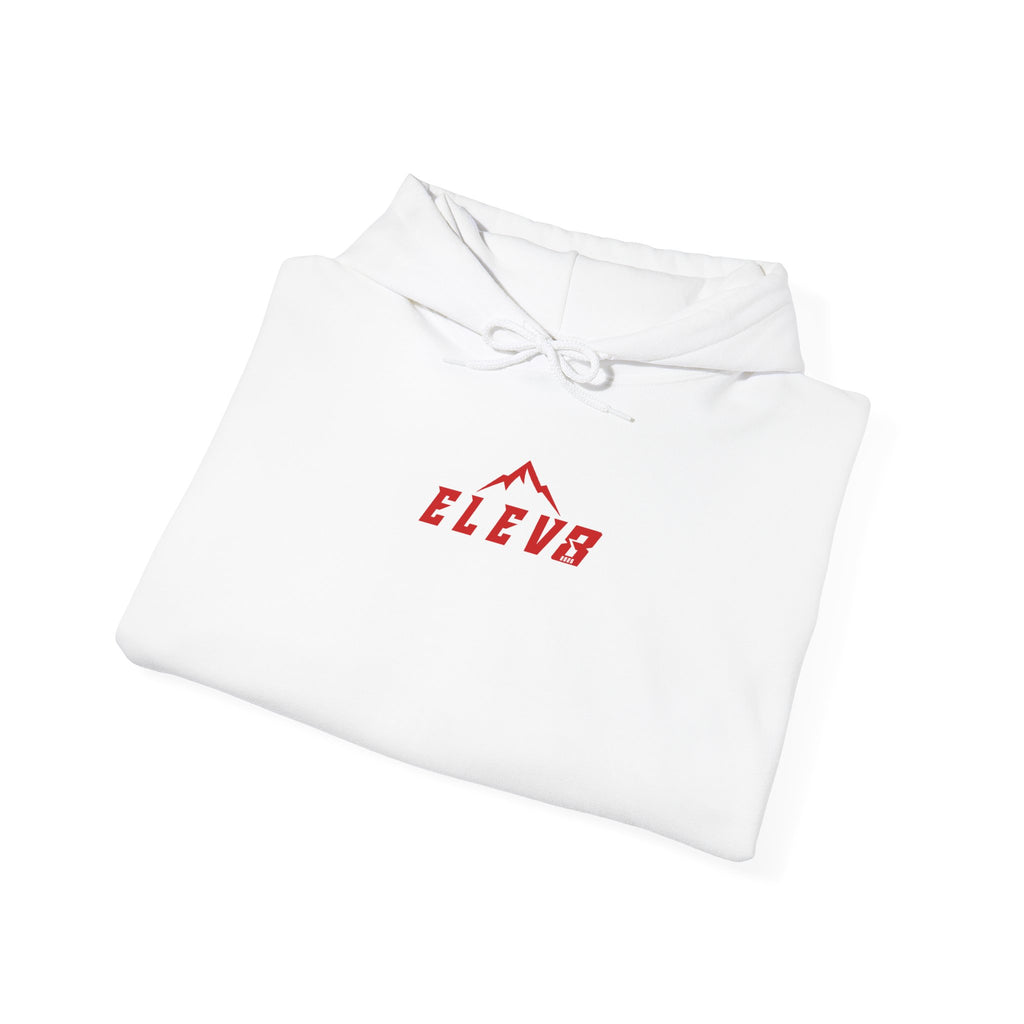 ELEV8 PEAK MOUNTAIN DESIGN HOODIE RED LOGO