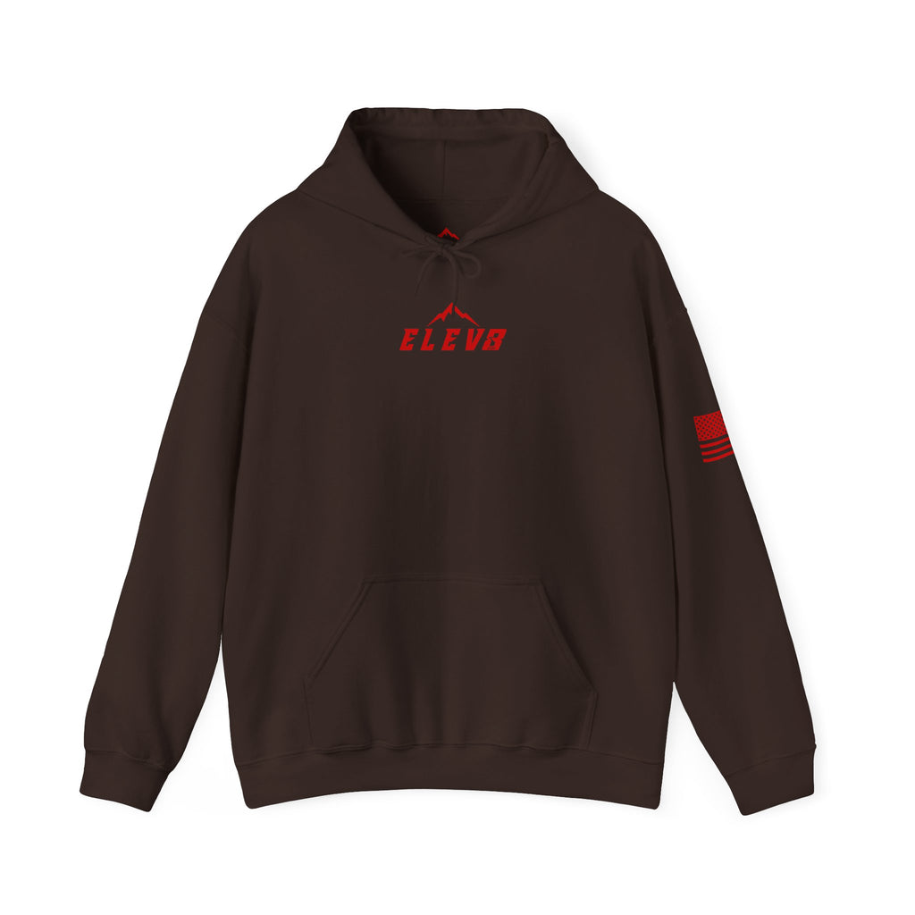 ELEV8 PEAK MOUNTAIN DESIGN HOODIE RED LOGO