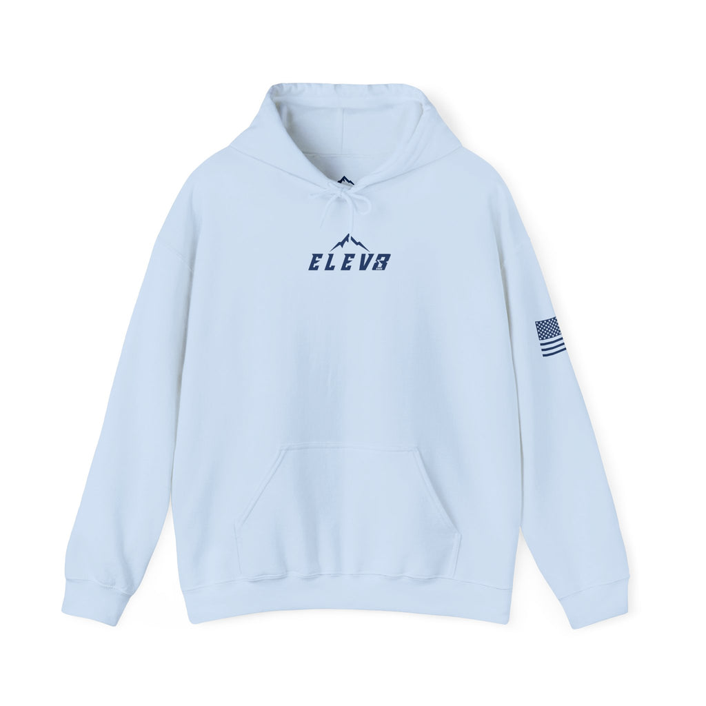 ELEV8 PEAK MOUNTAIN DESIGN HOODIE NAVY LOGO
