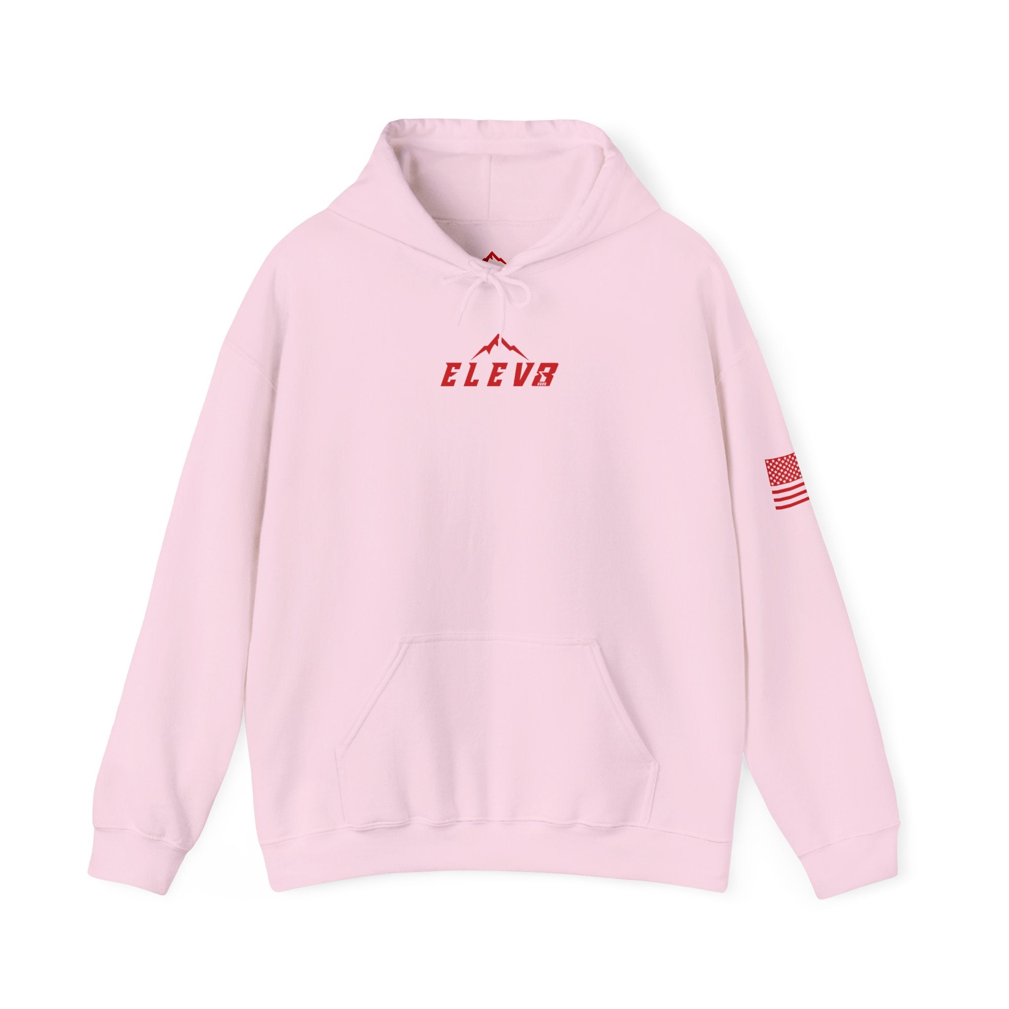 ELEV8 PEAK MOUNTAIN DESIGN HOODIE RED LOGO