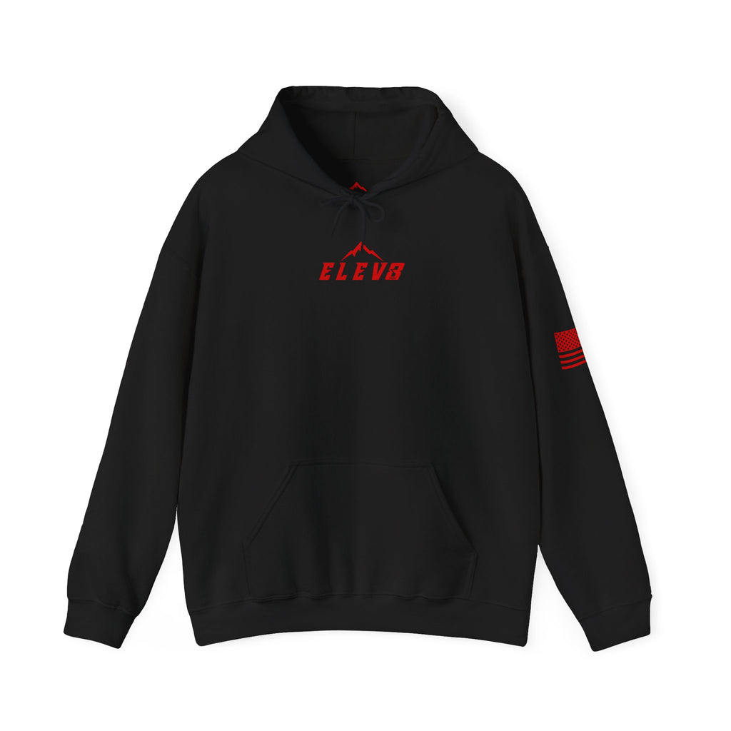 ELEV8 PEAK MOUNTAIN DESIGN HOODIE RED LOGO
