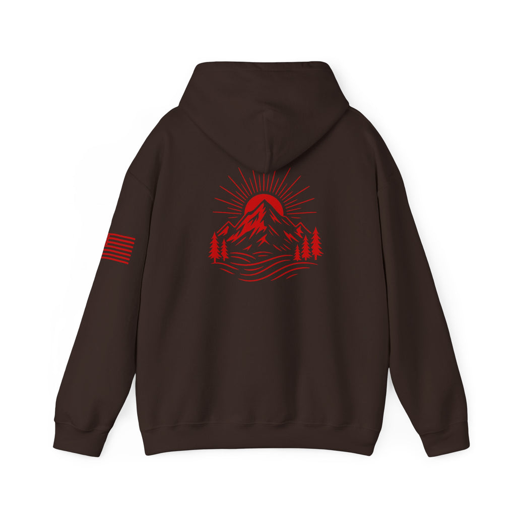 ELEV8 PEAK MOUNTAIN DESIGN HOODIE RED LOGO