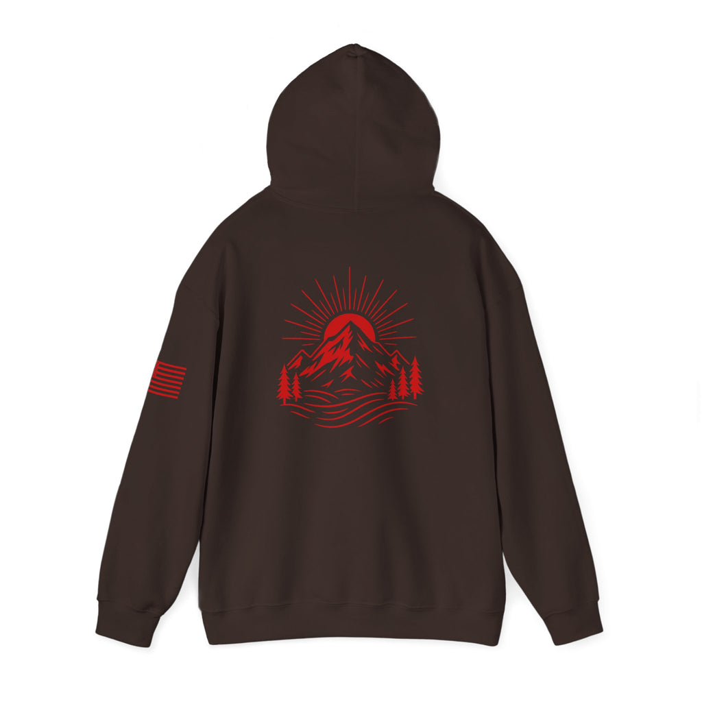 ELEV8 PEAK MOUNTAIN DESIGN HOODIE RED LOGO