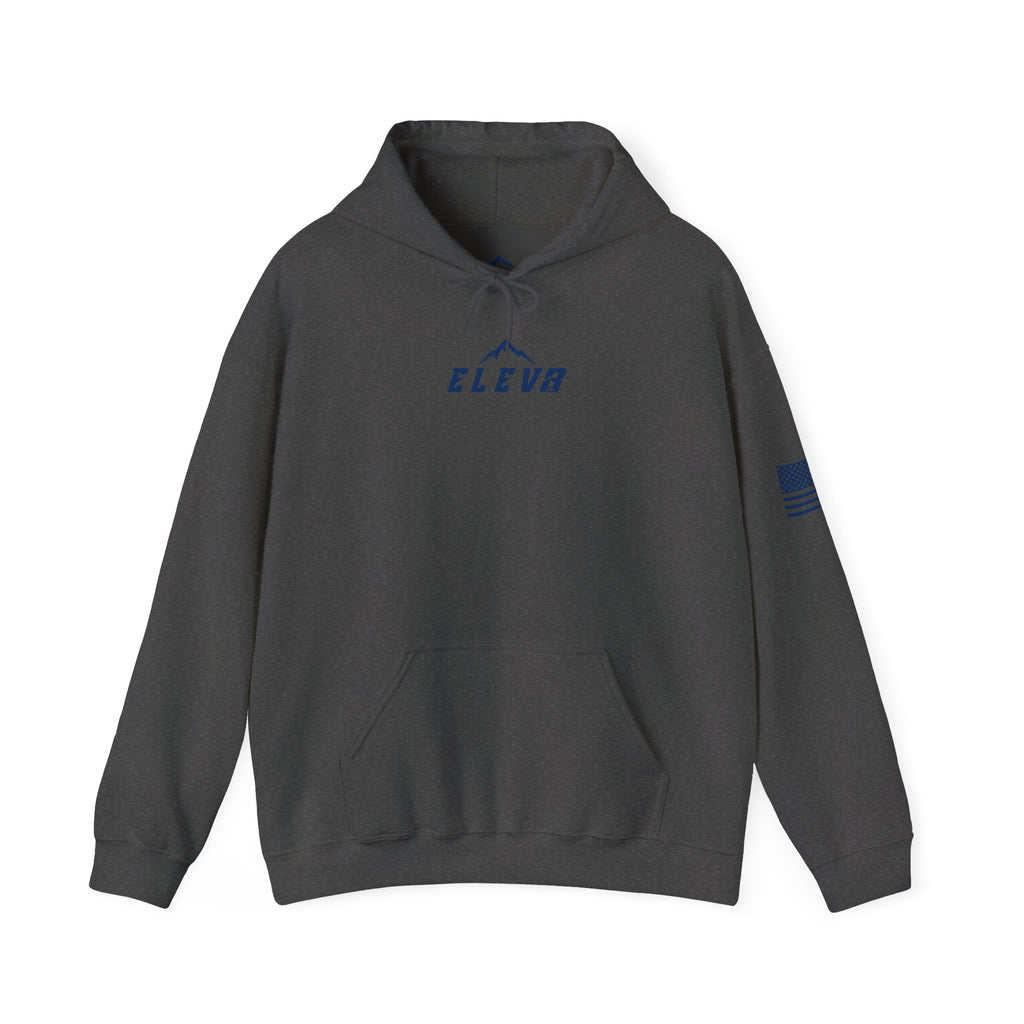 ELEV8 PEAK MOUNTAIN DESIGN HOODIE NAVY LOGO