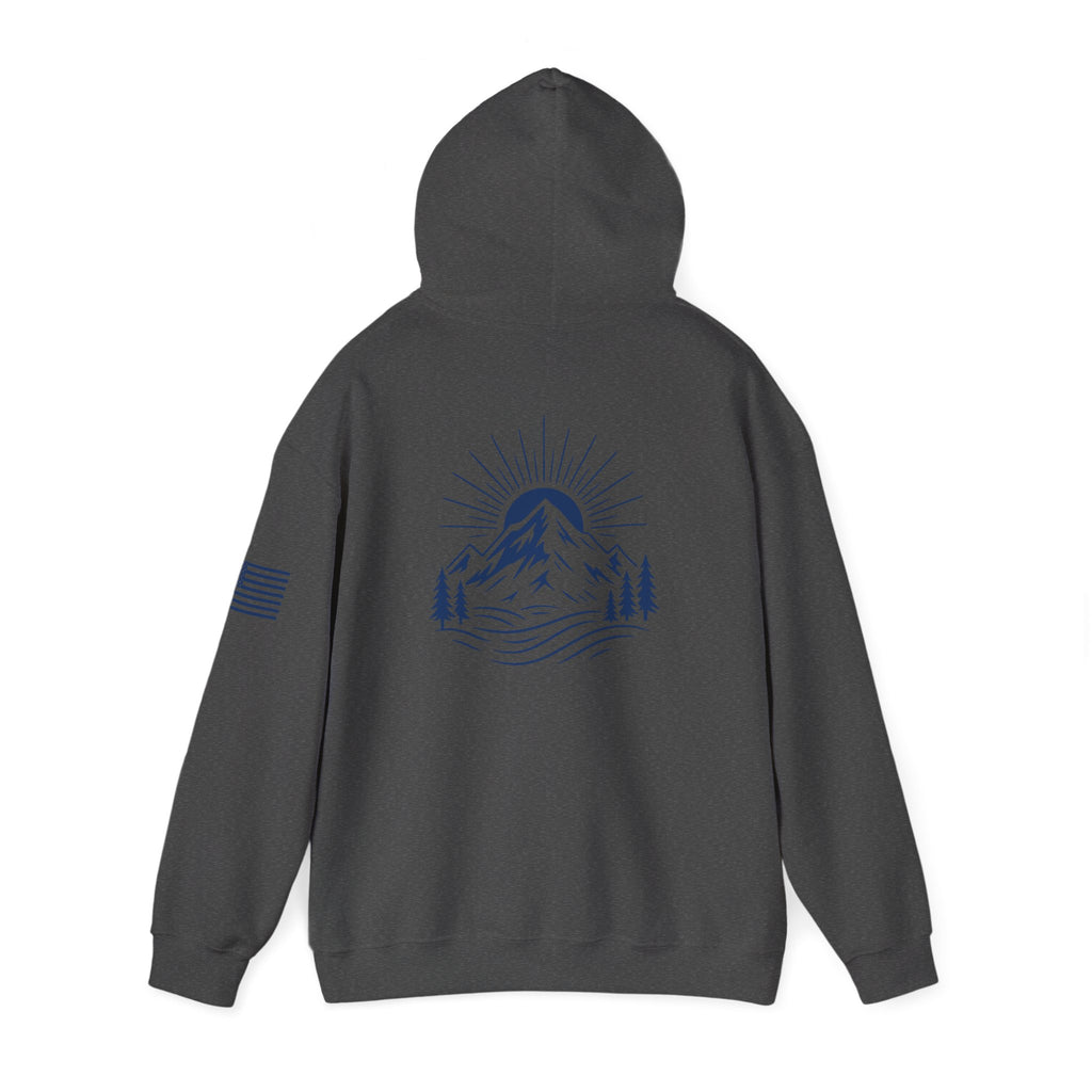 ELEV8 PEAK MOUNTAIN DESIGN HOODIE NAVY LOGO