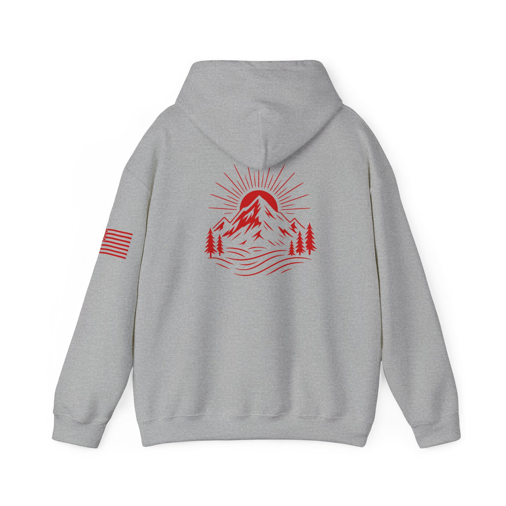 ELEV8 PEAK MOUNTAIN DESIGN HOODIE RED LOGO