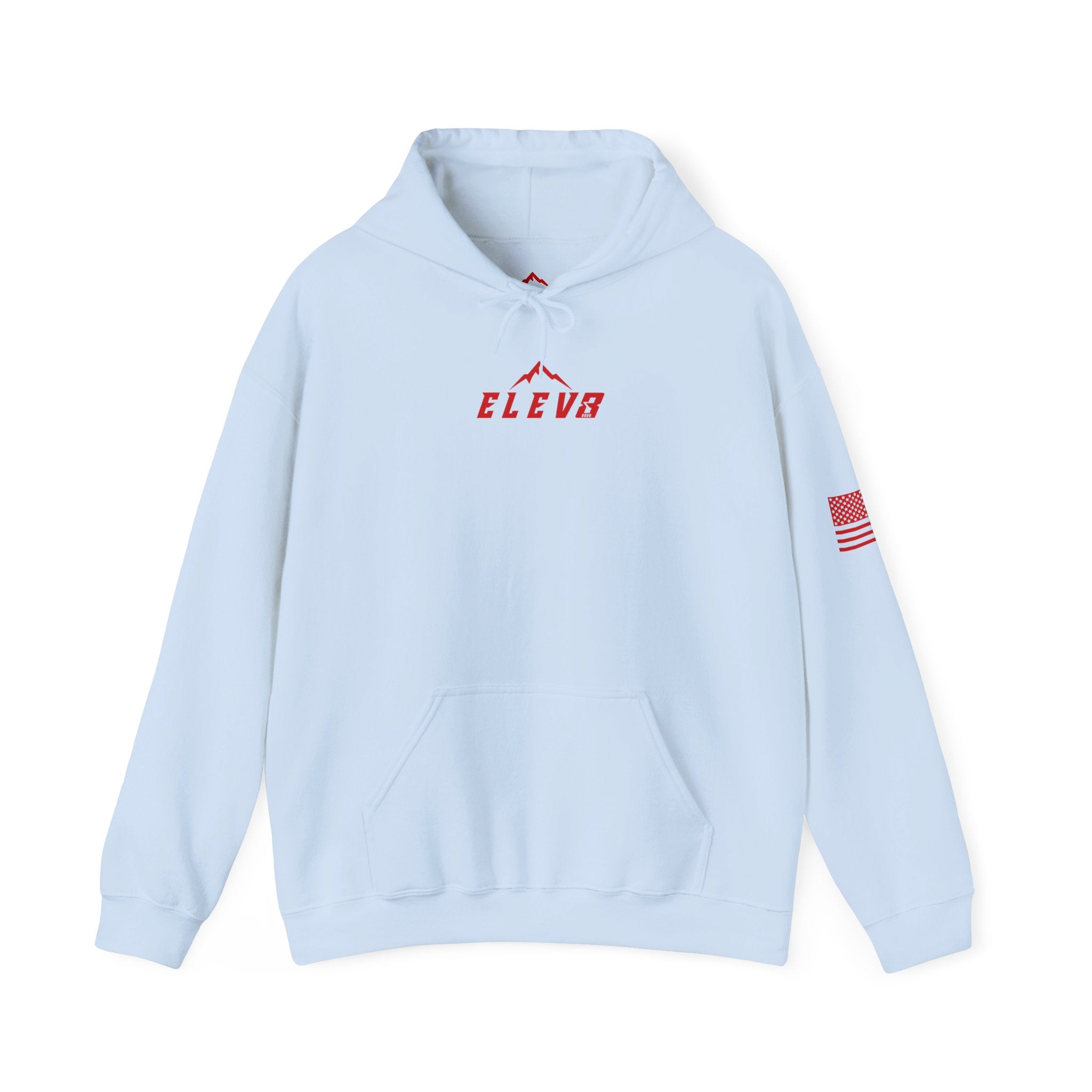 ELEV8 PEAK MOUNTAIN DESIGN HOODIE RED LOGO
