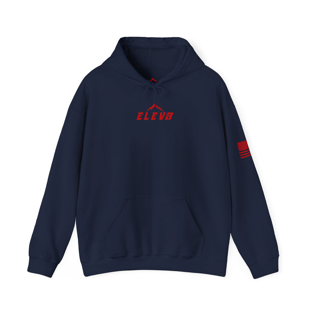 ELEV8 PEAK MOUNTAIN DESIGN HOODIE RED LOGO