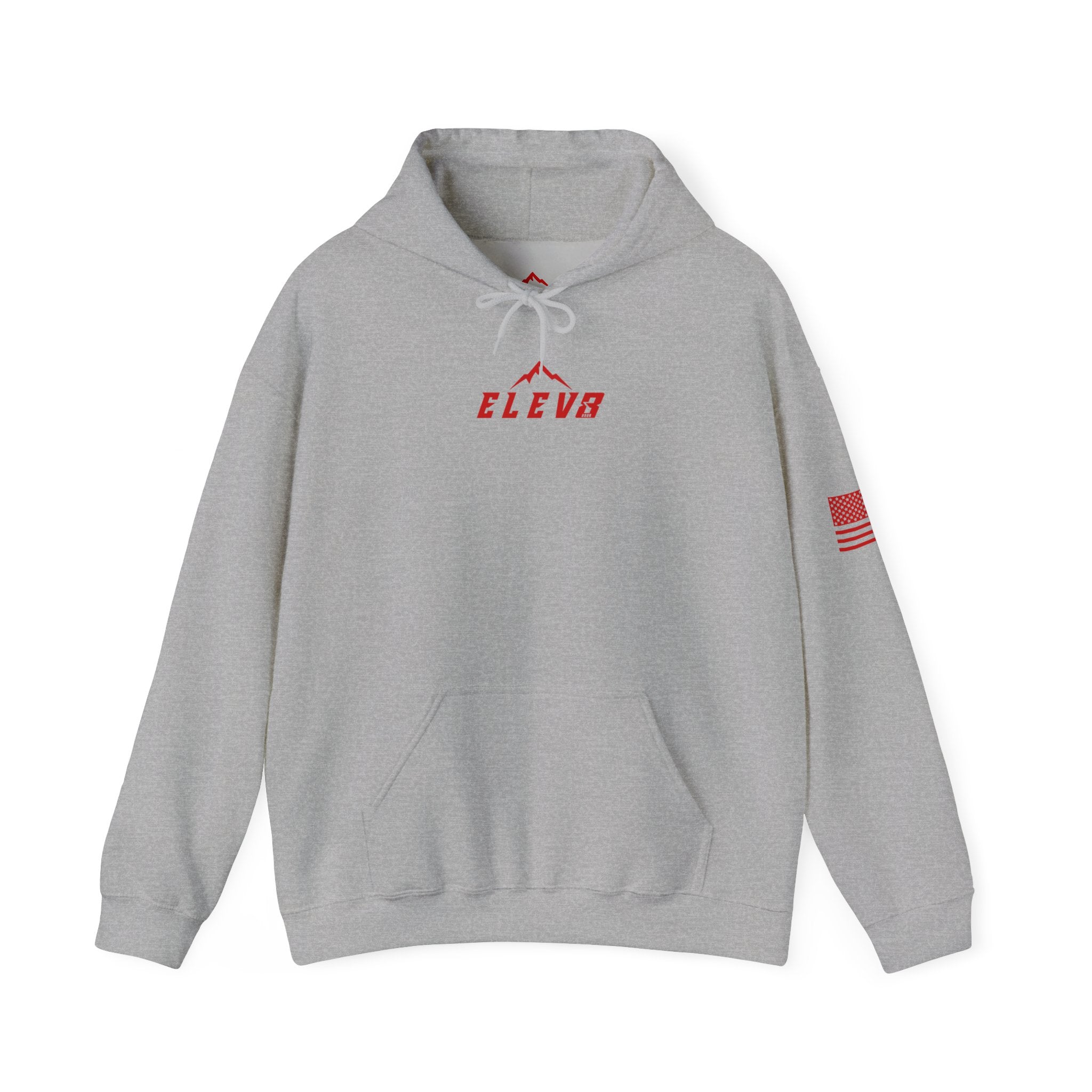 ELEV8 PEAK MOUNTAIN DESIGN HOODIE RED LOGO