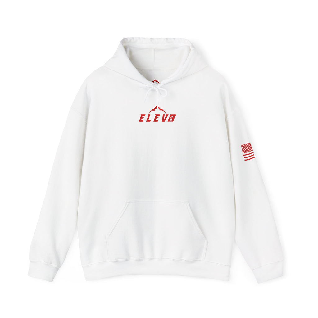 ELEV8 PEAK MOUNTAIN DESIGN HOODIE RED LOGO