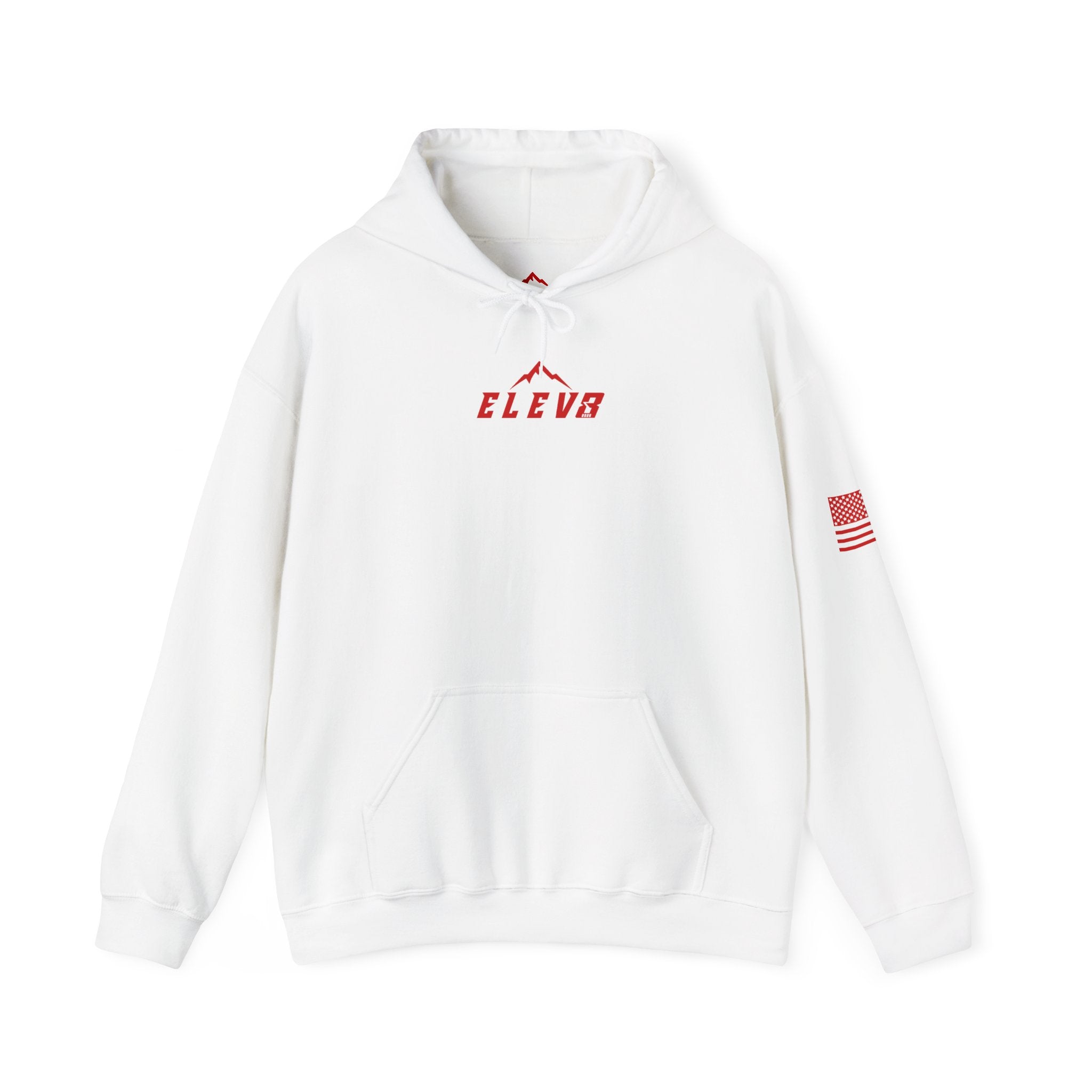 ELEV8 PEAK MOUNTAIN DESIGN HOODIE RED LOGO