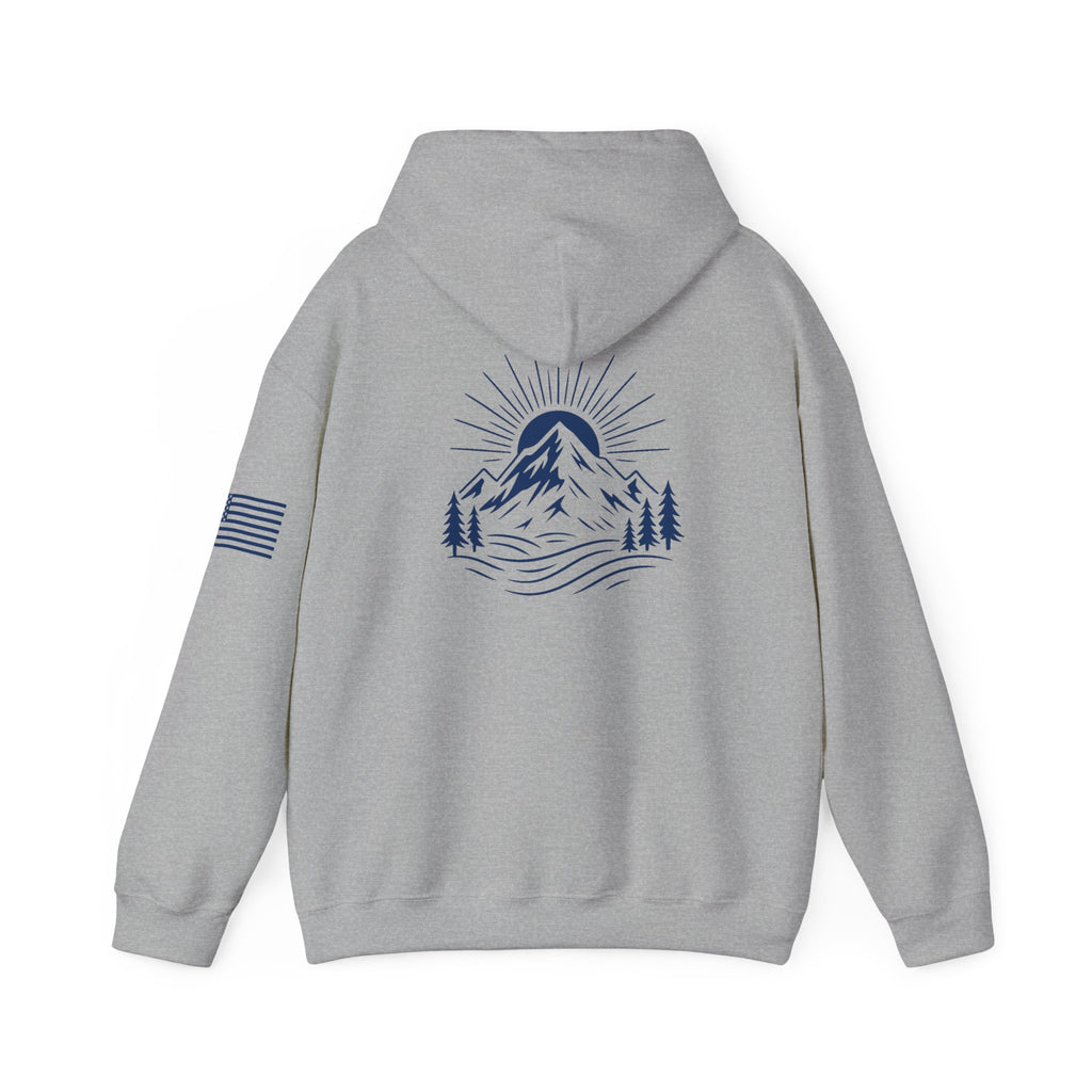 ELEV8 PEAK MOUNTAIN DESIGN HOODIE NAVY LOGO