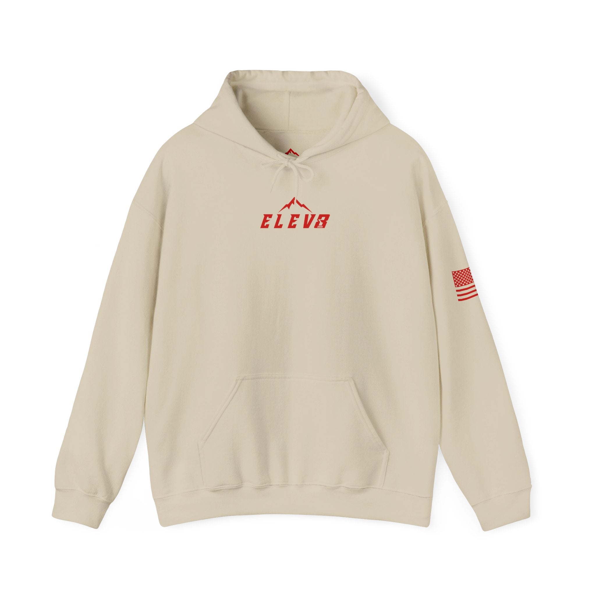 ELEV8 PEAK MOUNTAIN DESIGN HOODIE RED LOGO